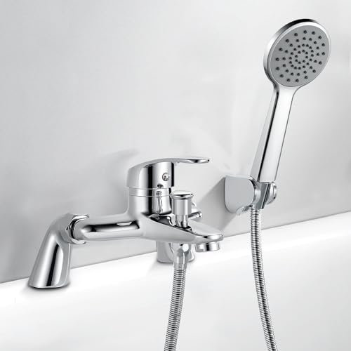 Rehomthy Bath Shower Mixer Tap with Shower Head and Hose, Modern Round Monobloc Single Bath Taps with Shower Attachment, Chrome, 180mm Centres