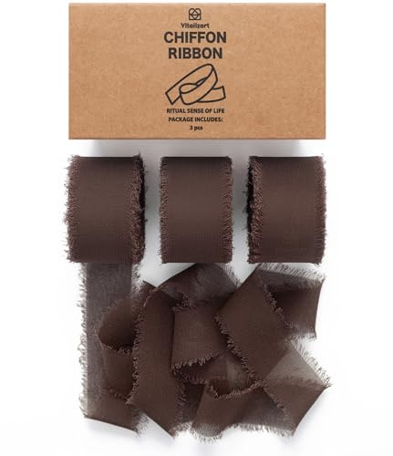 Vitalizart Brown Chiffon Ribbon 1 x 21 Yd for Crafting & Decoration | Silky Fringe Fabric Ribbons (3 Rolls x 7 Yd), for Wedding Invitation, Bridal Bouquet, Gift Wrapping, Bows Making