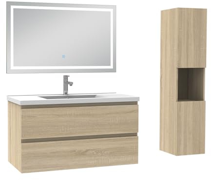 AICA Ensemble Meuble Salle de Bain 100cm avec Colonne et Miroir 3 Couleurs Chêne Wotan