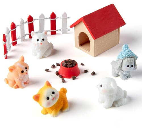 Minamzee 9Pcs 1:12 Dollhouse Pet Set, 5 Styles Miniature Animal Dog, Wooden Dog House, Bowl, Food and Fence, Mini Dog Figure Accessories for Dollhouse Office Home Desk Decoration