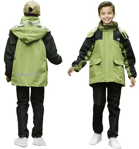 Baogaier Trajes de Lluvia para Niño, Impermeable Chaqueta con Capucha y Pantalones, Impermeables Conjunto de Chubasquero con Reflectante para Exteriores Bicicleta Camping, 11-12 años, Verde
