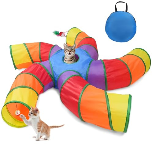 Joytale 5-Way Cat Tunnels for Indoor Cats, Pet Tube Toy with Play Ball and Toy Mouse, S-Shape Collapsible Tunnel with Interactive Hole for Kitty, Kitten, Rabbit, Puppy (Rainbow)