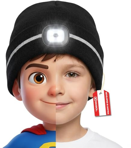 Gebol LED Mütze Kinder Wintermütze mit Licht, Schwarz, USB-aufladbar