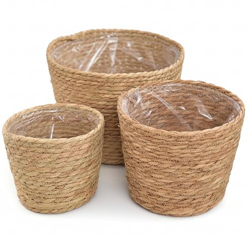 3 macetas de mimbre, cesta de plantas de pasto marino tejida a mano con revestimiento de plástico para plantas de interior, almacenamiento decorativo y cubierta de macetero para el hogar, cocina, pat