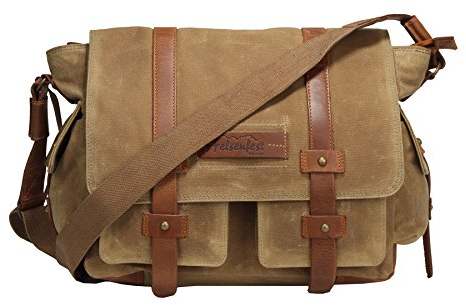 FFelsenfest Canvas Vintage Überschlagtasche Umhängetasche Khaki | Viele Staufächer vorhanden | Gefertigt aus Canvas/Leder Mix | 36 x 42 x 12 cm