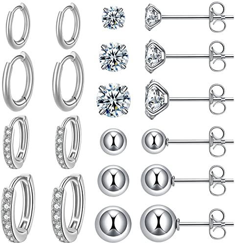 KANOUE 10 Pairs Silver Surgical Steel Earrings Sets for Multiple Piercing Lightweight Small Huggie Hoop Earrings CZ Stud Earrings for Women Trendy Cartilage Hypoallergenic
