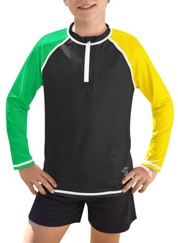 BesserBay UV Shirt Kinder Jungen Badeshirt UPF 50+ Langarm 1/4 Zip Rash Guard Schwimmshirt Badeshirt Grün Gelb 110