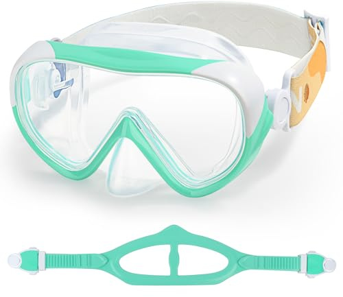 EXP VISION Kids Swim Mask - 180° Anti-Fog Child Snorkeling Diving Mask, Leak-Proof Kids Swim Goggles Nose Cover with Fabric Strap for Boys & Girls Ages 4-14 (Aqua), EX1800K-PC