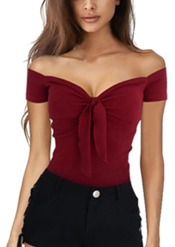 EMOTTOS Camisetas Mujer Top, Camisetade Manga Corta Y2K Sin Hombros Cuello en V, Crop Tops de Verano Basica Camiseta Ajustada Casual Primavera Verano Otoño para Mujeres, Rojo S