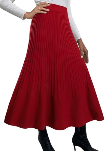Adigaber Women's Long Skirts High Waist Knitted Pleated Skirt A-Line Elasticated Waist Winter Skirt Red