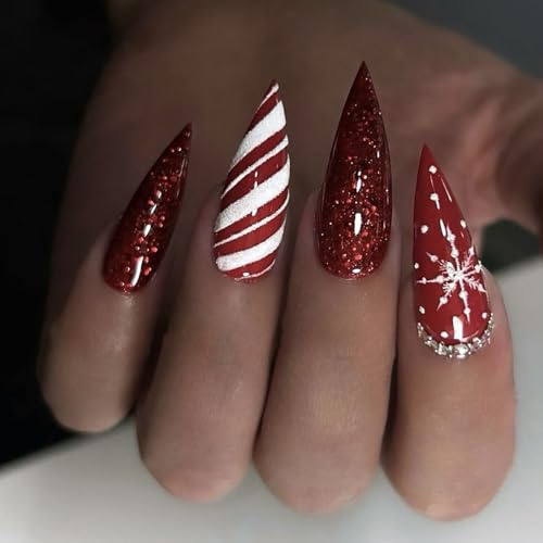 Ceboic Christmas False Nails Almond Long, 24PCS Red Glitter French Press on Nails White Snowflakes Design Fake Nails, Glossy Full Cover Glue on Nail Artificial Winter Xmas Stick on Nail for Women