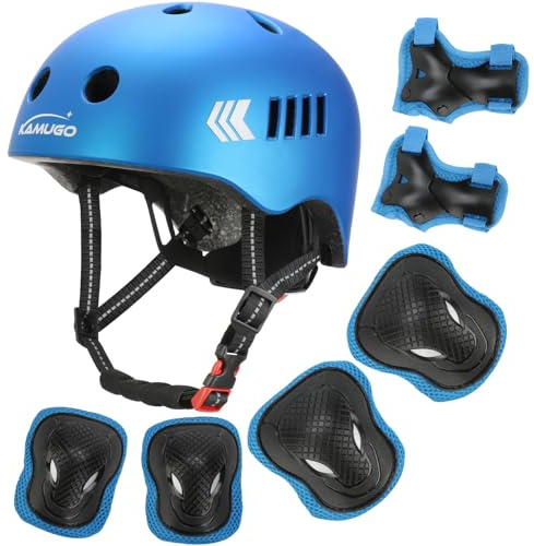 Kamugo Equipo de Protección Ajustable para Niños - Casco, Rodilleras, Coderas, Guantes, Compatible con Bicicleta, Skateboard, monopatín y Otros Deportes Extremos (Azul Vibrante)
