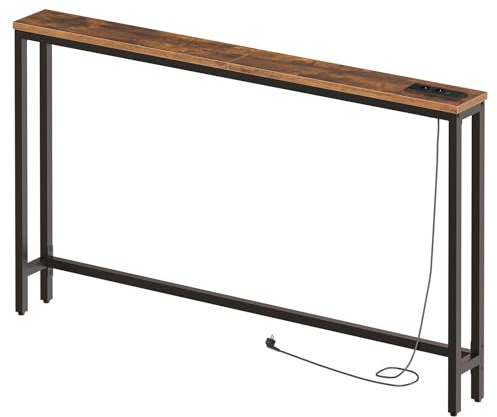 HOOBRO Mesa de Consola Estrecha de 140 cm, Mesa de Entrada con Enchufe Múltiple, para Colocar detrás del Sofá, para Sala de Estar, Pasillo, Marco de Metal, Marrón Rústico y Negro EBF145CXG01
