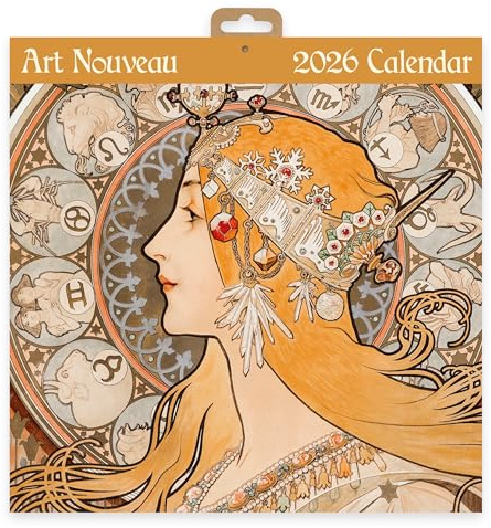 Calendrier mural carré Art nouveau 2026 | Planificateur mensuel avec des œuvres classiques d'Alphonse Mucha, Georges de Feure, Verneuil, Rhead et plus encore