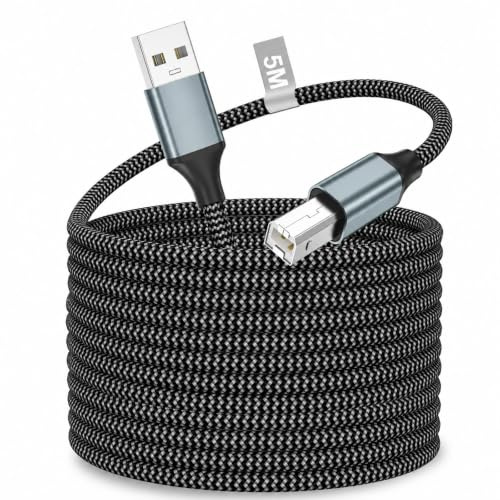 Cable Impresora USB 5M Largo, USB 2.0 Tipo A a Tipo B Nailon Trenzado, Alta Velocidad, Compatible con Canon, HP, Envy, Epson, Lexmark, Dell, Xerox, Samsung, Brother, para Impresora, Escáner, Fax, PC