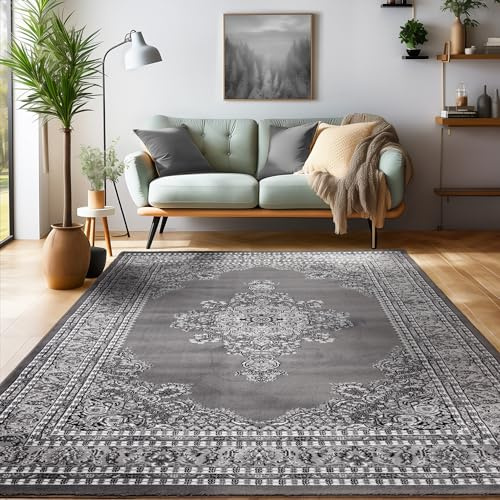 SIMPEX Orientalischer Teppich Wohnzimmer, Schlafzimmer, Esszimmer, Läufer, Flur Boho Teppich Kurzflor Weich 12 mm Carpet Orient, Grau, 80 x 150 cm