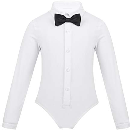 iEFiEL Jungen Ballett Trikot Latein Tanz Body Leotards Overall Kinder Gentleman Anzug Hemd Bluse Body mit Fliege Weiß 110