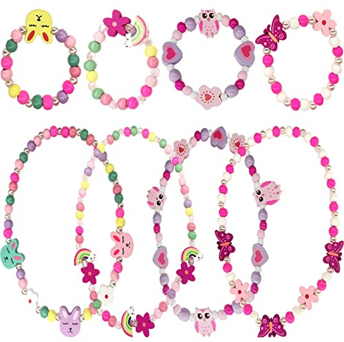 RUIJIR 4 Juego de Joyas Niños Contiene Collar Pulsera Niña Colorida Colgante de Madera Collar Pulsera Set Princesa Beads Regalo para la Fiesta de Cumpleaños Pretender