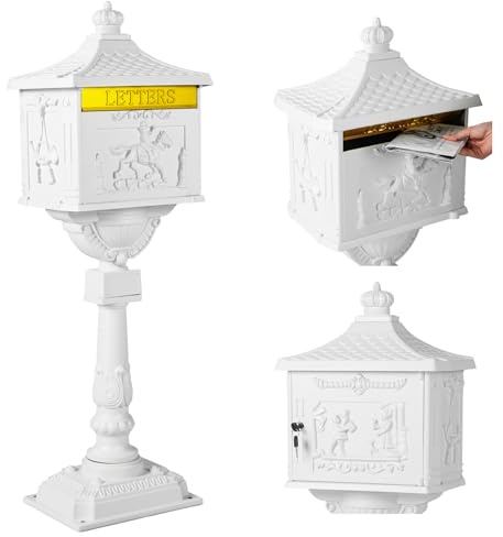 Goplus Mailbox Cast Aluminum with Post, Heavy Duty Locking Security Mail Box for House Outside, Vintage Postal Box with Keys & Baffle Door, Large, Freestanding, Post Mount