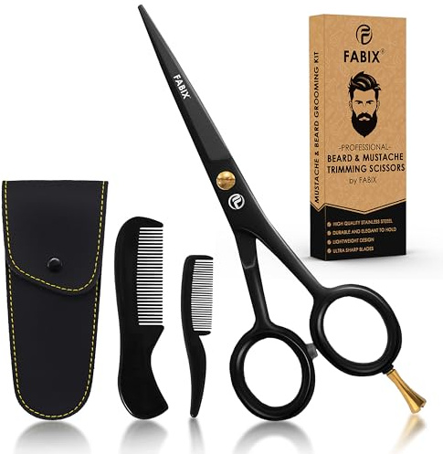 5” Professional Beard Mustache Scissors with 1 Beard Comb, 1 Mustache Comb and Travel Pouch - Perfect Beard Trimming Scissors for All Facial Hair Scissors - Grooming Scissors