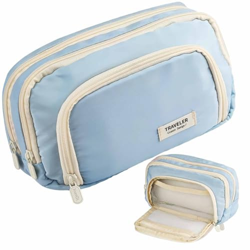 Tikplus Federmäppchen Große Kapazität, Mäppchen mit 3 Fächer, Schulmäppchen Teenager Mädchen Junge Erwachsene, Mäppchen Study, Federtasche Stiftetasche Stiftemappe Pencil Case für Schule, Büro (Blau)