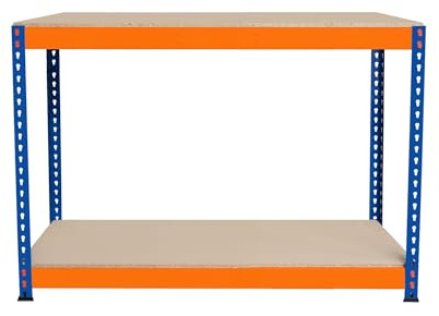 Banco de Trabajo p/Garaje S-Rax 2 Niveles | 120cm x 45cm x 90cm | Capacidad por Nivel 300kg | Montaje Sin Tornillos | 1 Barra de Soporte Reforzada | Patas de Goma | Mesa para Taller almacén depósito