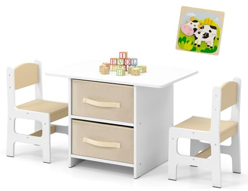 COSTWAY Kids Table and Chair Set, Wooden Children Study Desk with 2 Removable Fabric Drawers & Jigsaw Puzzle, 3PCS Toddler Activity Furniture for Learning, Drawing, Crafts (Beige+White)