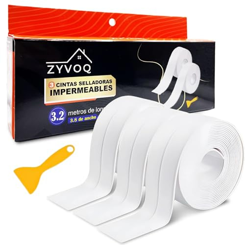 Cinta Selladora Impermeable 3 ROLLOS Cinta Selladora Baño, Cinta Adhesiva Impermeable, Cinta Impermeable Autoadhesiva Baño y Cocina, Rodapies Autoadhesivo, Rodapie PVC 3.8cmx3.2M ZYVOQ