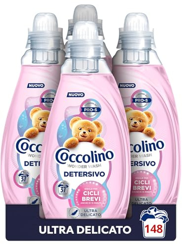 Coccolino Wonder Wash, Detersivo Lavatrice Liquido, Ultra Delicato, Efficace nei Cicli Brevi da 15 Minuti, Anche a Freddo, Azione Anti-ingrigimento, Pulizia Profonda, 37 Lavaggi, 4x 1480 ml