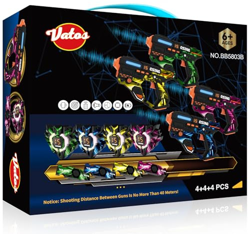 VATOS Rechargeable Laser Tag 360°Sensors Set of 4 Players, 2.4GHz Infrared Real-time Data Display Laser Tag for Kids, Fun Family Group Activity Game Toy Guns for Kids Teenage Gifts Age 6+