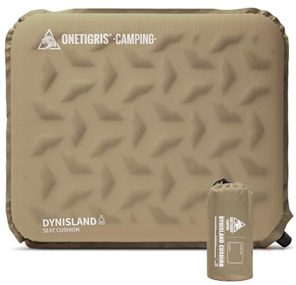 OneTigris DYNISLAND Coussin d'assise autogonflant 41 x 33 x 4 cm, coussin d'assise d'extérieur pliable, coussin de camping ultra léger 150 g, coussin gonflable pour randonnée, pique-nique (coyote