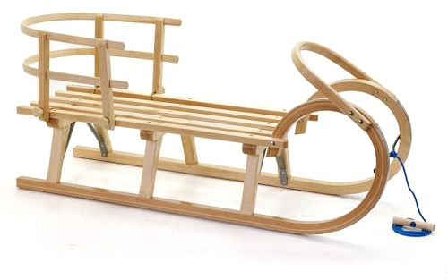 HolzFee Hörnerschlitten Kinder Schlitten Holz mit Lehne + Zugleine | Baran S Plus 110 RL S | Hörnerrodel Schlitten Holz