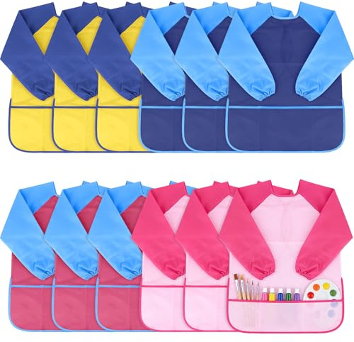 DHNDO 12 Pack Kids Art Smock, Toddlers Painting Aprons Colorful Waterproof Children Artist Smock with Long Sleeve 3 Pockets for Age 2-8 Years