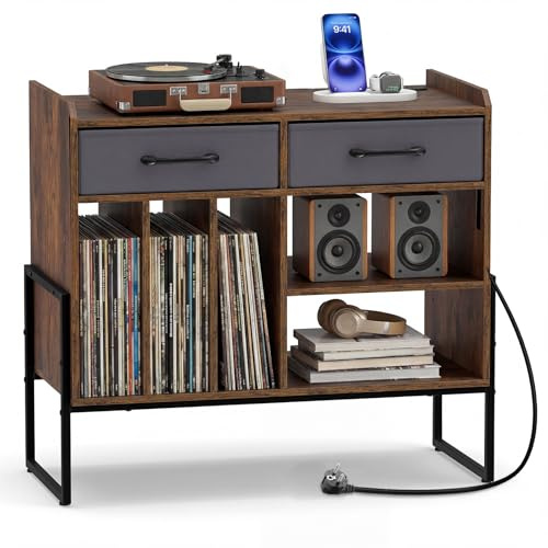 COSTWAY Meuble Platine Vinyle avec Prise, Rangement Platine Vinyle 3 Compartiments, 2 Tiroirs, Pieds Surélevés, Étagère Ajustable, Support Tourne-Disque pour CD DVD, Meuble HiFi pour Salon, Chambre