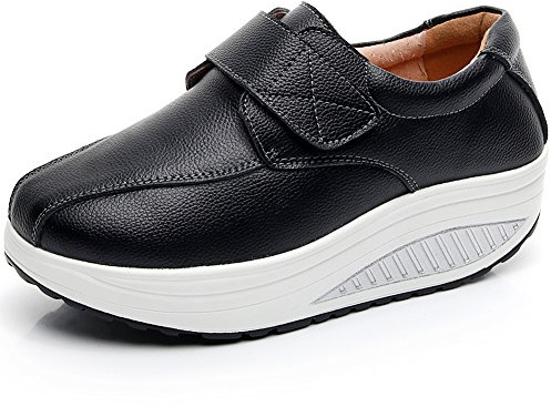 rismart Mujer Cuña Bucle Cómodo Linda Cuero Zapatillas Zapatos SN8787(Negro,EU38)