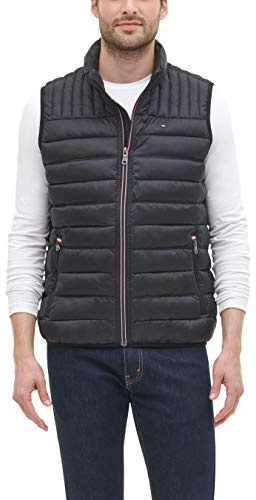 Tommy Hilfiger Men's Heavyweight Quilted Sherpa Hooded Parka Down Vest, Old Black, L