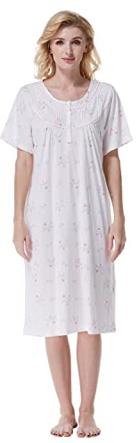 Keyocean 100% Cotton Nightdress for Women UK Summer Knee Length Nighties | Short Sleeve Nightshirt, Soft Lightweight Nightgown, Maternity Nightwear with Buttons