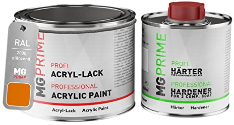 MG PRIME RAL 2000 Orangé jaune/Yellow orange Peinture acrylique brillante Pot de 0,75 litre / 750 ml, y compris le durcisseur