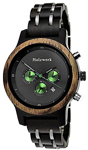 Holzwerk Germany Handgefertigte Designer Damen-Uhr Öko Natur Holz-Uhr Chronograph Armband-Uhr Analog Quarz-Uhr Schwarz Braun Grün Silber Datum Holz Ziffernblatt (Schwarz.grün)