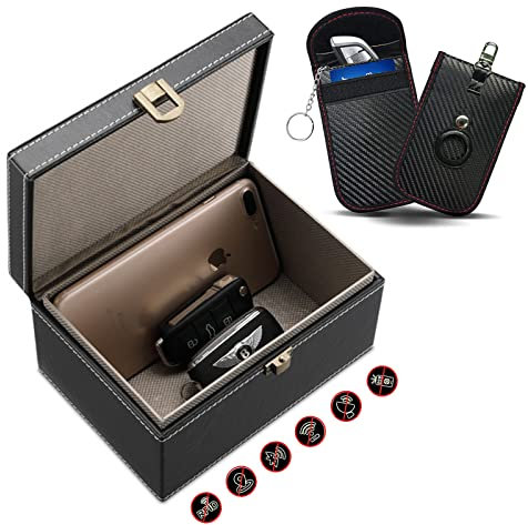 FOVNOT Faraday Box für Autoschlüssel & 2 Pack Faraday-Tasche für Autoschlüssel, Signalblockierbox, Schlüsselanhänger, RFID-Signalblockiertasche mit Airtag-Abdeckung, Diebstahlschutz-Signalblocker