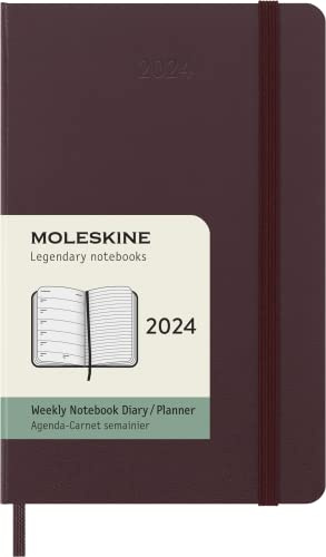 Moleskine Weekly Agenda with Space for Notes 12 Months 2024, Agenda 2024, Size Pocket 9x14, Hard Cover and Elastic Closure, Colour Burgundy Red
