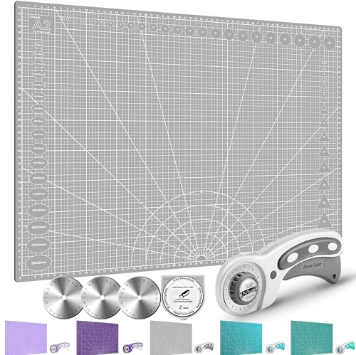 Miuzei A3 A2 Groß Schneidematte mit Rollschneider und 45mm Ersatzklingen, Selbstheilende Handwerksunterlage,Nähzubehör Stoffschneider-Set Schreibtischunterlage zum Basteln,Doppelseitiges Gitter,Grau