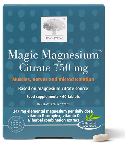 New Nordic Magnesium Citrate - 750 mg Extra Strength - Muscle & Sleep Support for Women & Men - Vitamin B Complex & Vitamin D - 60 Tablets