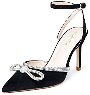 Zhabtuc Women's Strappy Pumps High Heels with Rhinestone Bow Sexy Pointed Toe Pumps Elegant Sandals for Wedding Evening Dress Black Suede 4.5 UK