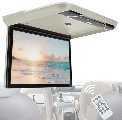 AUTUMFLATGAO Reproductor De Techo para Automóvil De 19, Monitor Abatible para Automóvil con Parlantes Estéreo Incorporados, Pantalla Digital HD De 1080p con Luz Ambiental, HDMI IR FM USB,Beige