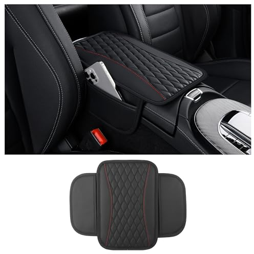 Mejorado Funda Reposabrazos Coche Universal,Piel de Microfibra Funda Apoyabrazos Coche Universal con 2 Bolsillos,Funda Reposabrazos Accesorios Coche Interio rpara VehíCulos (Negro)