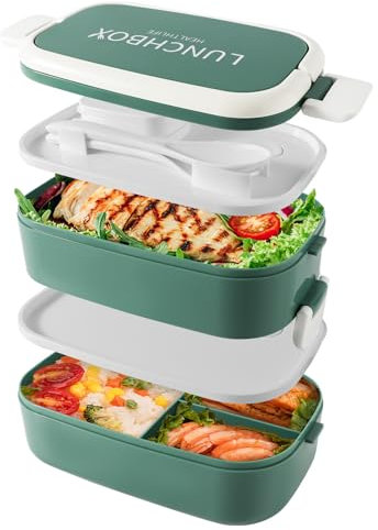 Bento Lunch Box stapelbar, 1400ml Behälter mit 4 Fächern und Besteck, auslaufsichere 2-Schicht-Boxen, für Erwachsene Kinder Büro, Mikrowelle spülmaschinenfest (Grün)