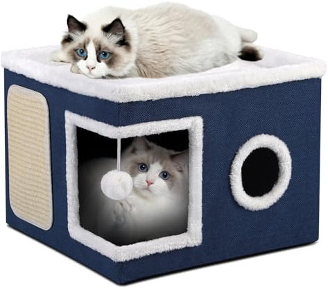 Shikha Faltbares Katzenhöhle, Katzenhaus für Indoor Katzen, 43L x 43B x 32H cm Große Katzenhöhle mit Kratzbrett und Spielball, 2 Schicht Katzenwürfel, Katzen Höhle für kleine und mittlere Haustiere