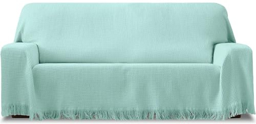 ECOMMERC3 Foulard Multifonction réversible, Tissu Jacquard, avec Franges, Couleur Turquoise, idéal pour canapé ou lit, Respirant et Toucher Doux
