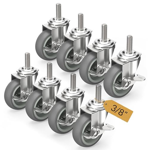 HOLKIE Caster Wheels 3 inch Locking Stem Casters, 3/8 -16 x 1-1/2 (Stem Diameter 3/8, Stem Length 1-1/2) Threaded Stem Casters Swivel Casters Set of 8 Heavy Duty Castors Gray